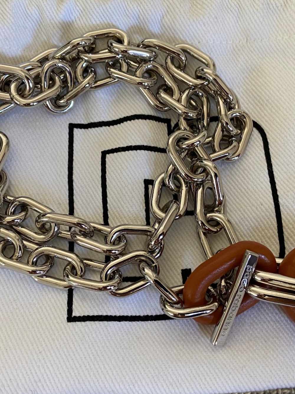 Paco Rabanne XL Link PDT Necklace | Silver & Cognac Leather | NIB